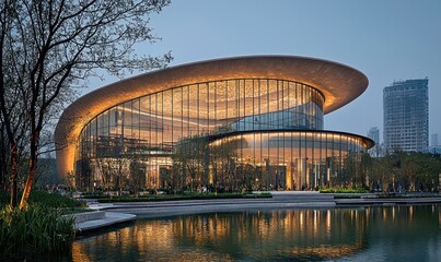 Naklejka premium Modern, illuminated building with curved glass facade, reflecting in a calm body of water, surrounded by landscaping
