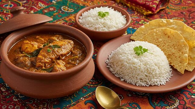 Authentic indian fish curry recipe with rice and papadums served in earthen pots delicious food photography