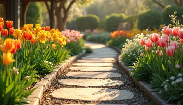 Curving stone path in sunny garden with blooming colorful flowers. Floral border of various tulips. Landscape design with vibrant colors. Pathway in the park, spring season, outdoor recreation. - Powered by Adobe