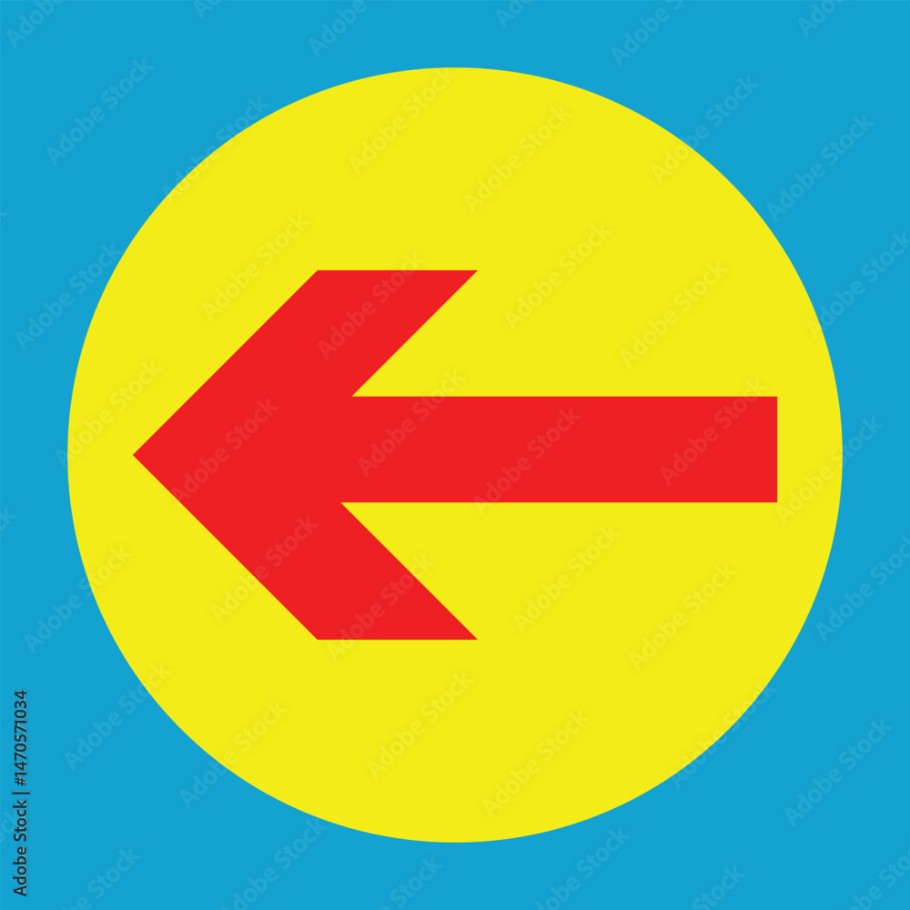 Poster red arrow in yellow circle sign. single headed red arrow icon. red pointer in circle icon on blue. v