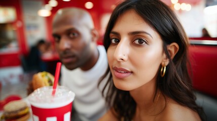Young hispanic female and african male enjoying fast food in a diner setting