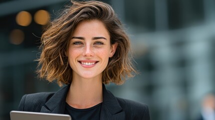 Portrait of a smiling businesswoman holding a tablet, conveying business professionalism, isolated on background