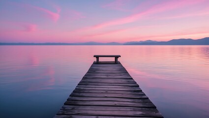 Fototapeta premium Serene Sunset Wooden Dock Extending into Calm Lake Waters