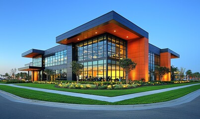 Modern office building at dusk, showcasing expansive glass windows, warm wood accents, and well-maintained landscaping
