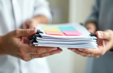 Fototapeta premium Business hands with documents report papers. Office paperwork, data analysis, financial reports, and project information. Work management concept, workspace with many papers and sticky notes.