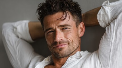 Fototapeta premium Portrait of a man wearing a white shirt, in a casual pose, showcasing relaxation, isolated on background