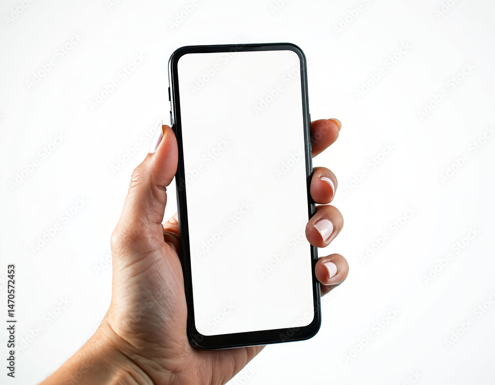 Poster hand holds phone mockup with blank screen isolated on white. vertical orientation, blank display for