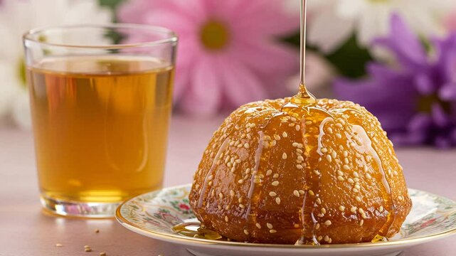 Delicious honey cake dessert with sesame seeds and a glass of tea food photography images photos