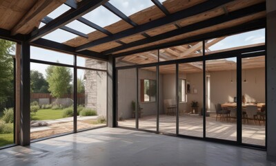 Modern home extension framing, progress visible , building site, beams, home renovation