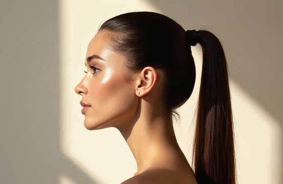 Side profile of woman with elegant sleek ponytail under soft lighting. Brunette with shiny well-groomed hair, flawless skin. Fashionable hairstyle with perfect makeup. Beauty, wellness, personal care.