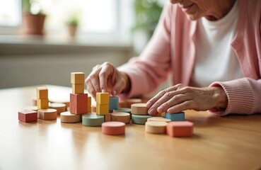 Close-up photo of elderly woman plays with wooden blocks. Nursing home, geriatric clinic scene. Mental health therapy. Cognitive stimulation exercise for memory care, dementia treatment. Old hands