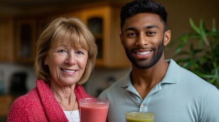 Diverse duo enjoying refreshing smoothies together in a cozy kitchen setting