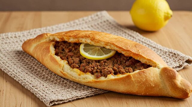 Delicious turkish pide with ground beef and lemon slice recipe traditional food photography
