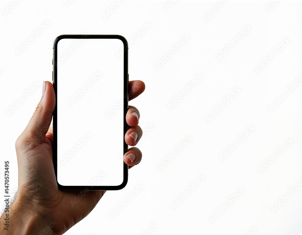 Aufkleber hand holds modern smartphone. blank display screen for app advertisement. mockup design template for