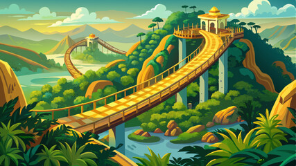 Aerial top view famous tourist attraction among the tropical jungle in the forests - Golden bridge at the top of the Ba Na Hills, Vietnam