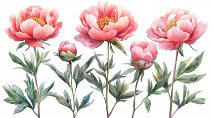 Elegant Peonies Flowers on White Background: Floral Elements for Design