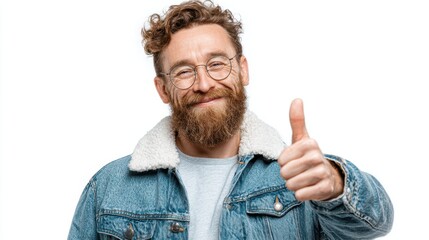 Portrait of a smiling man giving a thumbs-up sign, conveying positivity, isolated on white background