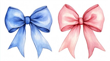 Elegant Pink and Blue Bows Watercolor Illustration