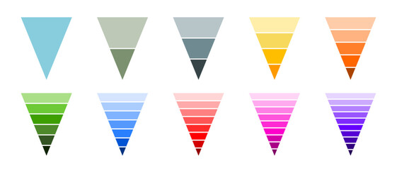 Set of vector colorful funnel charts with different number of segments: 1, 2,3,4,5,6,7,8,9,10. Business and data visualization template, sales funnel, inverted triangle.
