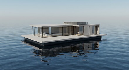 Modern floating house on the water surrounded by blue sea