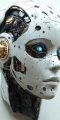 Close-up of a futuristic humanoid robot head revealing complex internal wiring and hardware, blue glowing eyes, metallic details.
