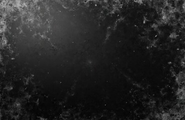 Black background with white dust, scratches texture. Grunge abstract design, film grain overlay for vintage effects, poster, digital design templates. Aged dirty overlay. Rough surface.