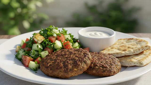 Delicious mediterranean platter with kofta salad yogurt and pita bread recipe ideas and inspiration