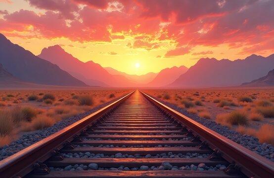 Railway track through desert landscape. Dramatic sunset sky with mountain view background. Travel, transport, journey, tourism concept. Train tracks lead horizon under vivid orange sky.