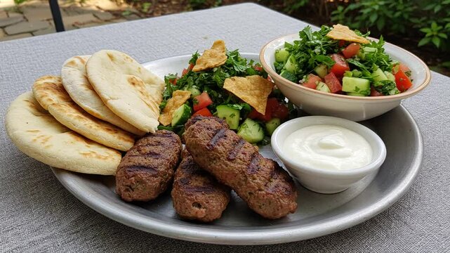 Delicious kofta kebab plate with pita bread salad and yogurt sauce middle eastern cuisine food photography