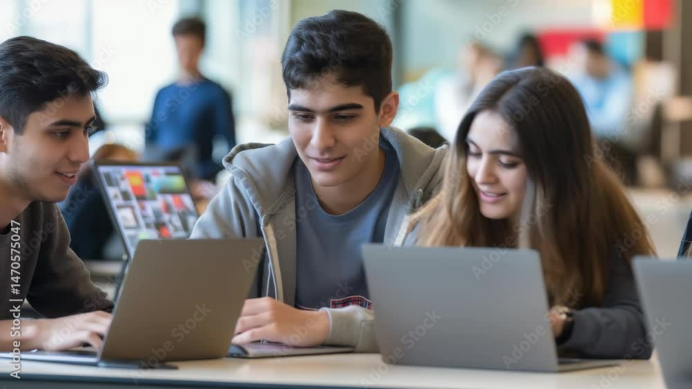 Poster A group of smiling students work together at a table, using laptops in a collaborative learning environment. They seem engaged in a project, and are sharing ideas while focused on their devices.