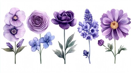 Vibrant Purple Flowers Set - Lavander Orchid Dahlia Blue Background