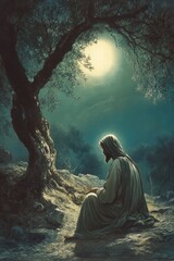 Obraz premium moonlit scene of the Garden of Gethsemane, where Jesus kneels in fervent prayer under ancient olive trees