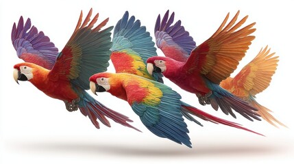 Fototapeta premium Set of tropical birds flying with colorful feathers, showcasing beauty and freedom, isolated on background