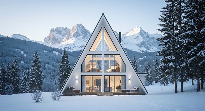 A-frame cabin in a snowy mountain landscape