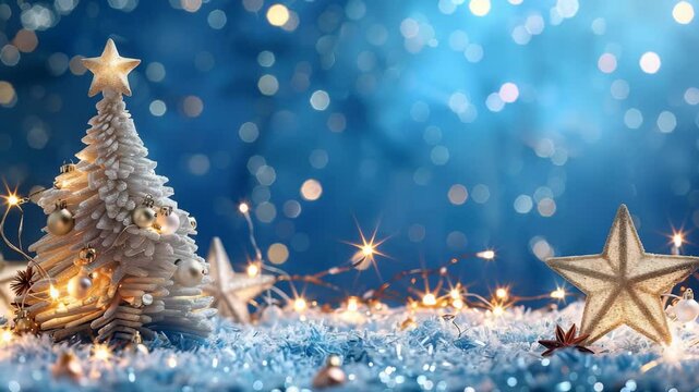 A festive holiday scene featuring miniature white Christmas tree with star on top, surrounded by golden star ornaments , string lights against bokeh background. Soft blue hues evoke holiday cheer.