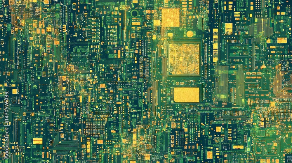 Poster abstract green and gold circuit board technology background image data dark retro design future
