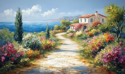 Coastal villa nestled amongst vibrant flowers, a winding path leads to the tranquil sea under a bright sky