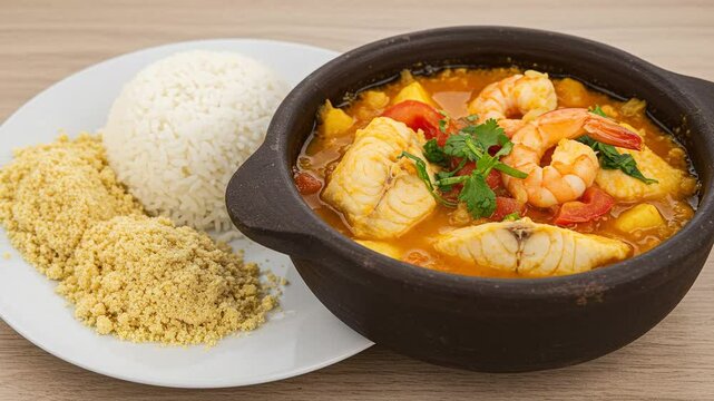 Brazilian moqueca seafood stew recipe with fish shrimp rice and farofa delicious gourmet food photography