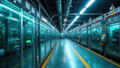Fototapeta premium Modern recycling plant with transparent sorting machines, neon-infused waste bins. High-tech innovative waste management solutions. Cutting edge eco-friendly factory, clean processing, futuristic