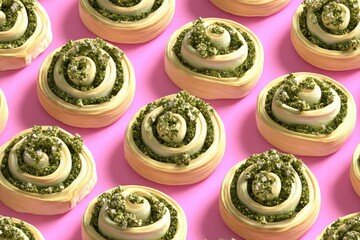 Fototapeta premium Spinach Rolls with Pastry, Food, and Pink Background.