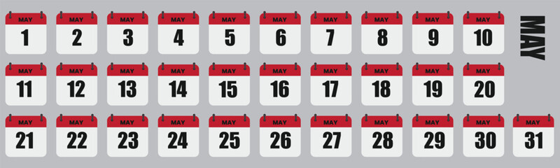 May Calendar Days Full Month Set, Dates 1st to 31st Vector Illustration