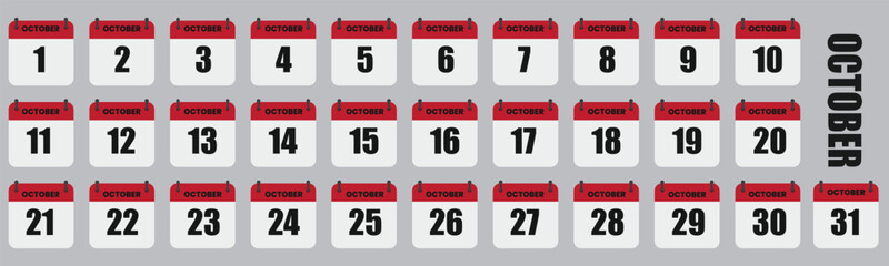 Fototapeta premium October Calendar Days Full Month Set, Dates 1st to 31st Vector Illustration