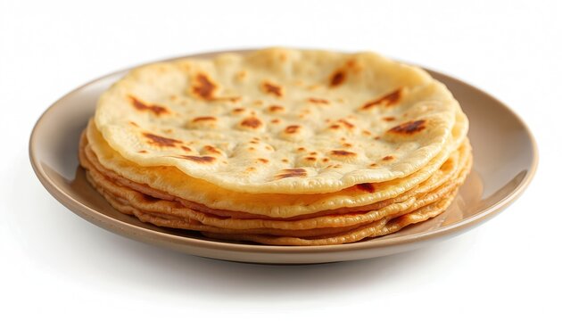 Freshly cooked stack of paratha flatbreads served on plate. Indian cuisine, traditional breakfast food. Homemade wheat flour bread with crispy texture. Round shape with golden brown color. Suitable