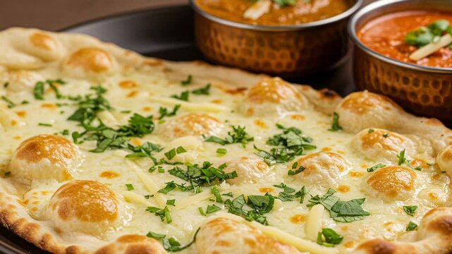 Delicious garlic naan bread with curry sauce indian cuisine food photography and restaurant menu item