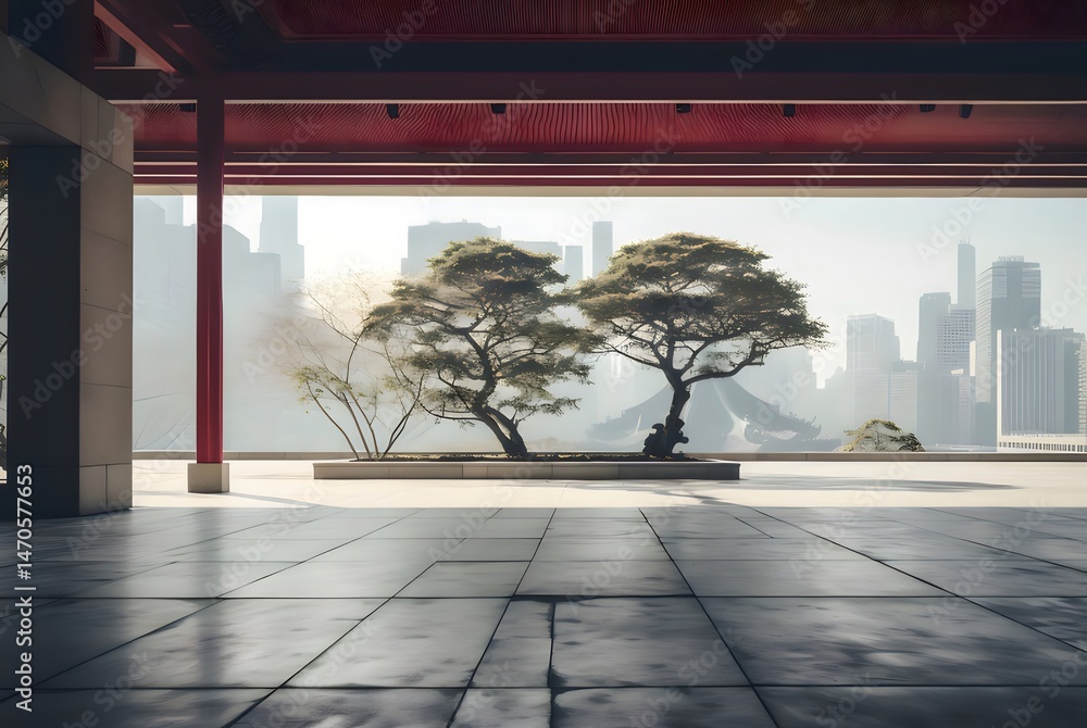 Poster 日本の建築と都市景観の調和のとれた眺め コンクリートの構造物と木々と都市の背景に平和な雰囲気