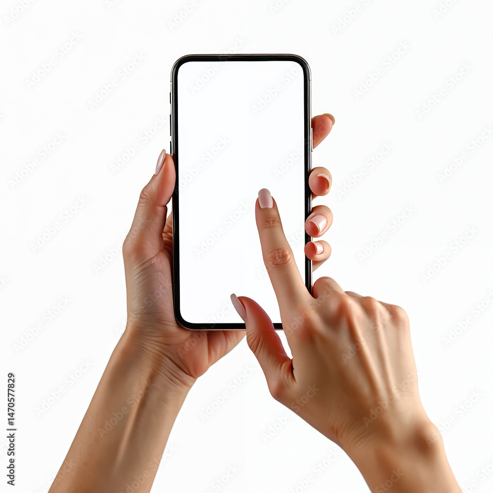 Poster woman hand using smartphone with empty white screen. finger touches display. holding mobile phone, i