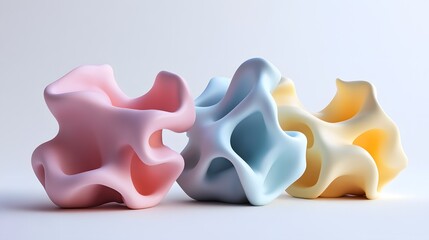 Obraz premium 3D render of three smooth, organic, pastel-colored forms arranged on a light gray surface.
