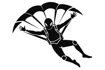 Isolated black silhouette reveals a skydiver with arms wide open beneath a parachute