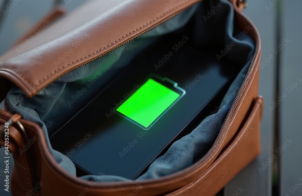 Poster smartphone with full charge icon displayed inside leather bag. green battery icon indicates device i