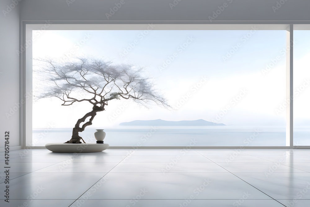 Aufkleber 海の景色を望む白い部屋に置かれた盆栽ミニマリストの禅のインテリアデザインと穏やかな照明